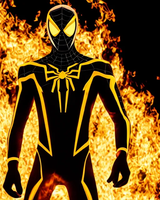 Image similar to photograph of a black and gold suit spider - man stood infront of a blazing inferno, dslr, cinematic, volumetric lighting, 8 k resolution, photorealistic