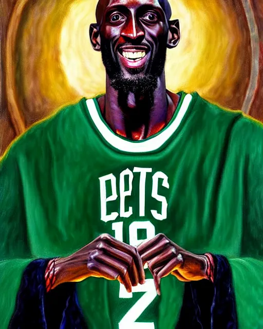 Prompt: portrait of boston celtics kevin garnett as a wizard at hogwarts, full body, wizard ing robe, mystical, magic wand, oil on canvas by william sidney mount, award winning
