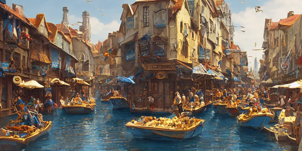 Image similar to a busy fantasy street day market from within a fascinating old city, water streets with gold and blue accented boats by sylvain sarrailh, by sebastian luca, by nicodemus yang - mattisson, cinematic, simple but effective composition, clean lines, beautiful digital painting, oil painting, dungeons and dragons, lord of the rings