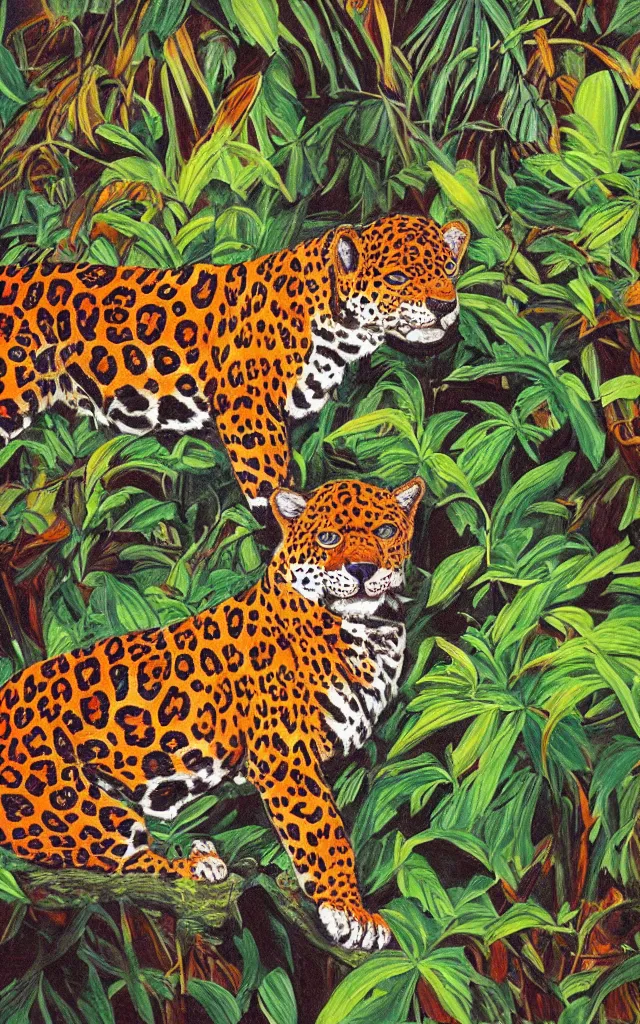 Prompt: a velvet painting of a colorful jaguar in a jungle