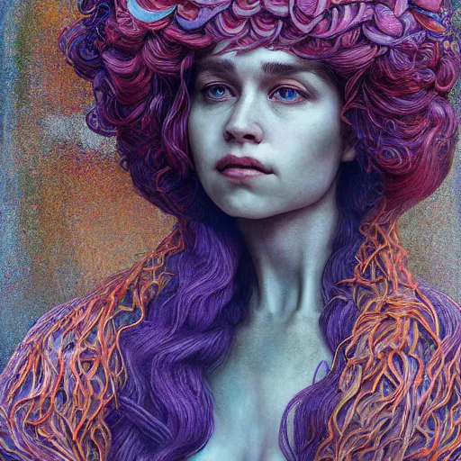 Prompt: daenerys targaryen, exterior botanical garden, portrait face, colorful, frantisek kupka, intricate, miles johnston, kuroda seiki, cynical realism, ozabu, john william godward, painterly, yoshitaka amano, moebius, miles johnston, louise zhang, james jean, mark ryden lowbrow pop surrealism art style