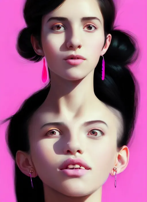 Image similar to portrait of teenage girl, narrow face, black hair, bangs, half updo hairstyle, skinny, smile, unattractive, defined jawline, big chin, wearing pink hair bow, earrings, intricate, elegant, glowing lights, highly detailed, digital painting, artstation, sharp focus, illustration, art by wlop, mars ravelo and greg rutkowski