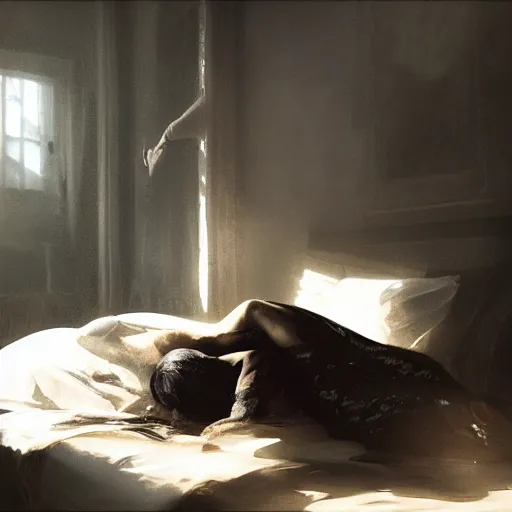 Image similar to shadow figure watching a person sleeping in bed at night, volumetric lighting, 8 k octane beautifully detailed render, post - processing, extremely hyper - detailed, intricate, epic composition, cinematic lighting, masterpiece, trending on artstation, detailed detailed detailed, masterpiece, stunning art by anders zorn, wonderful masterpiece by greg rutkowski, beautiful cinematic light,