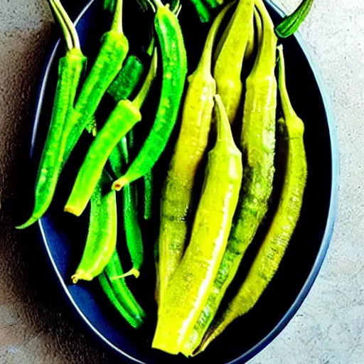 Prompt: a dish of oprah winfreys face fused with okra veg with green stalky ( ( green oprah winfrey's face ) ), oprah okra winfrey sentient veg