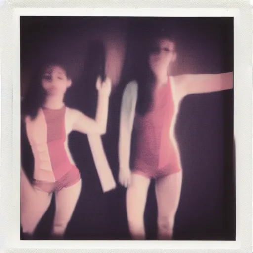 Image similar to polaroid of dancers in geometric costumes, smudge, lo fi, mix, texture