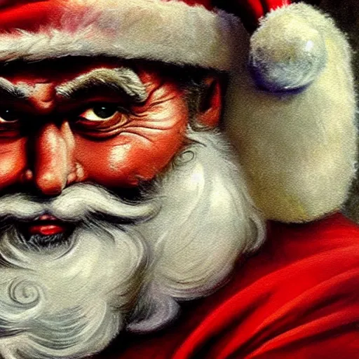 Image similar to an ultra - realistic portrait painting of santa claus in the style of frank frazetta. 4 k. ultra - realistic. highly detailed. dark fantasy. epic lighting.