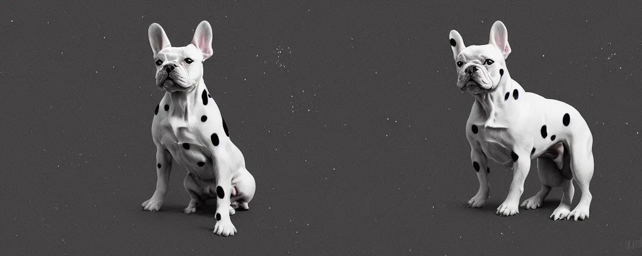 Prompt: editorial illustration by Karolis Strautniekas and Mads Berg synthwave, full body portrait of a white french bulldog with black spots, colorful, fine texture,detailed, muted colors,film noir, dramatic lighting, dynamic composition,moody, vivid, matte print,(((space nebula background)))
