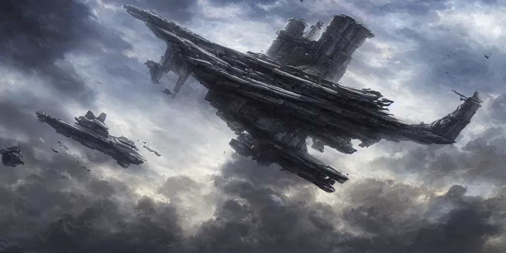 Prompt: flying ancient warship in a megacity, sci-fi, style by dylan cole, matte painting, cloudy sky