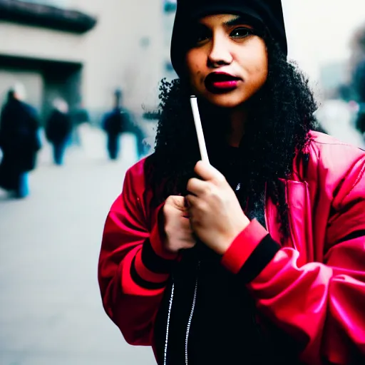 Image similar to Photograph of a mixed woman smoking, wearing a black beanie and black bomber jacket, urban environment, depth of field, 4k, 8k, hd, sigma 85mm f/1.4