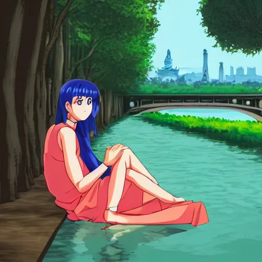 Prompt: woman sitting by the river in paris, pixels, sprite, graphic novel, visual novel cg, 8 0 s anime vibe, kimagure orange road, maison ikkoku, trending on artstation, 2 d hd, 3 2 x 3 2