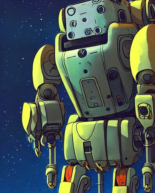 Image similar to bastion the friendly robot from overwatch, character portrait, portrait, close up, concept art, intricate details, highly detailed, vintage sci - fi poster, retro future, in the style of chris foss, rodger dean, moebius, michael whelan, and gustave dore