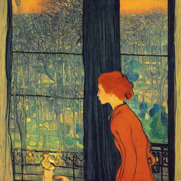 Image similar to portrait of sad woman and persian cat with city with gothic cathedral and tall trees seen from a window frame with curtains. sunset. mikalojus konstantinas ciurlionis, henri de toulouse - lautrec, utamaro, matisse, monet