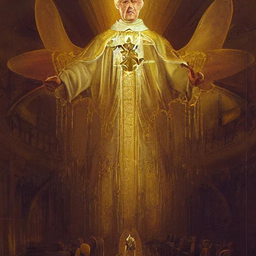 Image similar to ornate painting of a Catholic Priest in flowing golden vestments elevating the host over the alter, a portal to the sky opening behind him as a host of angels descend upon the pews, by Jeremy Mann and Jason Jenicke, detailed, realistic, loose brush strokes, intricate, beautiful, stylized, dramatic, incredible, sense of scale