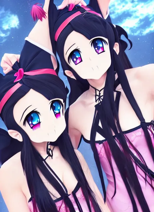 Image similar to two beautiful female witches with twintails taunting each other, gorgeous features, smooth, detailed anime art