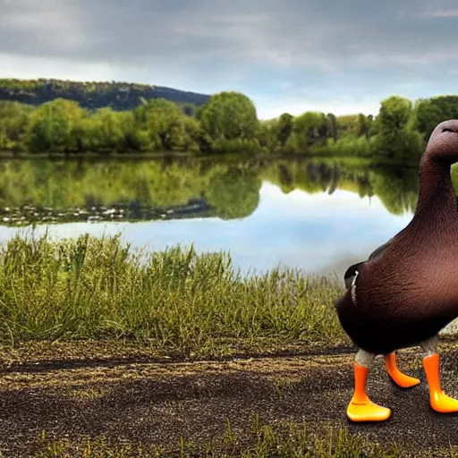 Image similar to a duck wearing black rubber boots in the french countryside, realistic, detailed, 8 k