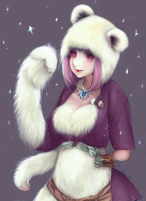 Prompt: award winning beautiful portrait commission art of a female male furry anthro polar bear fursona with a cute beautiful attractive detailed furry face wearing a summer dress at a mountain cabin. Kemono Character design by Dangan. t