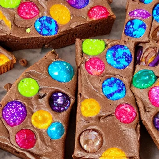 Prompt: cosmic brownie. cookbook photo. bismuth frosting, precious gemstones