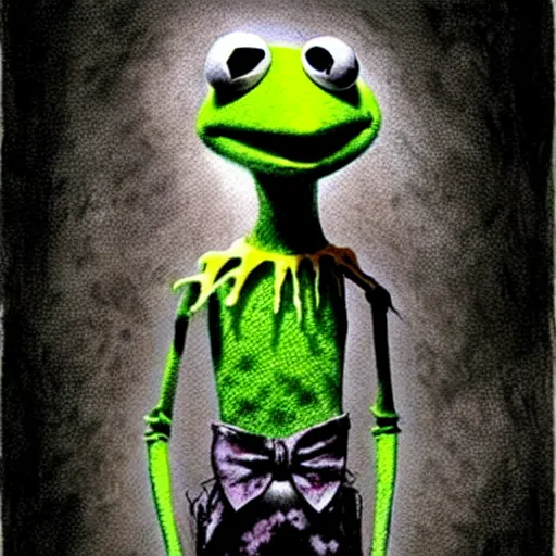 Image similar to grunge cartoon drawing of kermit the frog by - michael karcz , in the style of corpse bride, loony toons style, horror themed, detailed, elegant, intricate