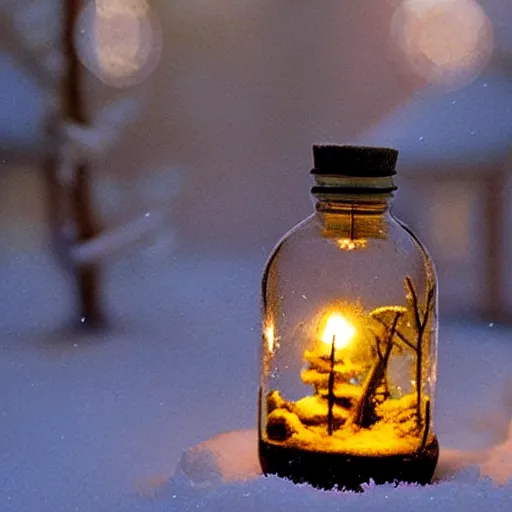 Image similar to a tiny wooden cottage with warm lights in the snow inside a terrarium bottle.