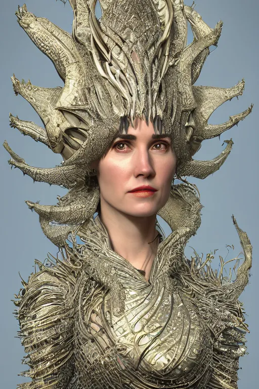 Prompt: a highly detailed medium shot 8 k render portrait of an alien goddess jennifer connelly in iris van herpen dress schiaparelli armor in diamonds and lots of jewelry in style of alphonse mucha trending on artstation made in unreal engine 4