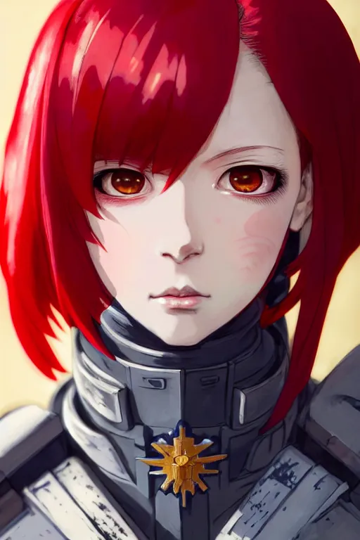 Image similar to portrait of Anime sister of battle, Warhammer 40000, cute-fine-face, red-short-hair pretty face, realistic shaded Perfect face, fine details. Anime. realistic shaded lighting by Ilya Kuvshinov katsuhiro otomo ghost-in-the-shell, magali villeneuve, artgerm, rutkowski, WLOP Jeremy Lipkin and Giuseppe Dangelico Pino and Michael Garmash and Rob Rey