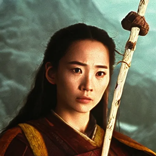 Image similar to a still from “ lord of the rings ” of a head and shoulders portrait of fei lung as a wizard with a wooden staff, betty, photo by phil noto