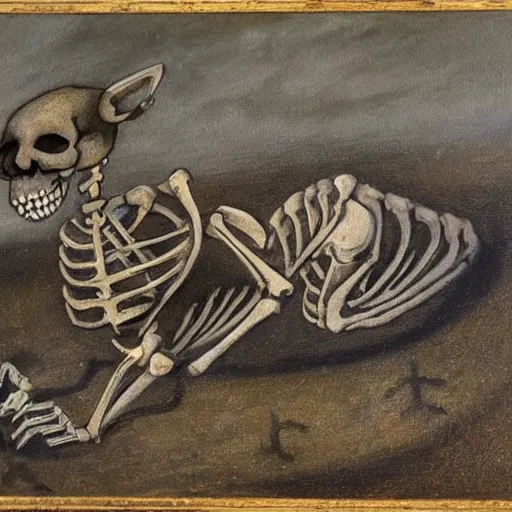 Prompt: a painting of a cat's skeleton walking around a field, in the style of bubonic plague paintings.