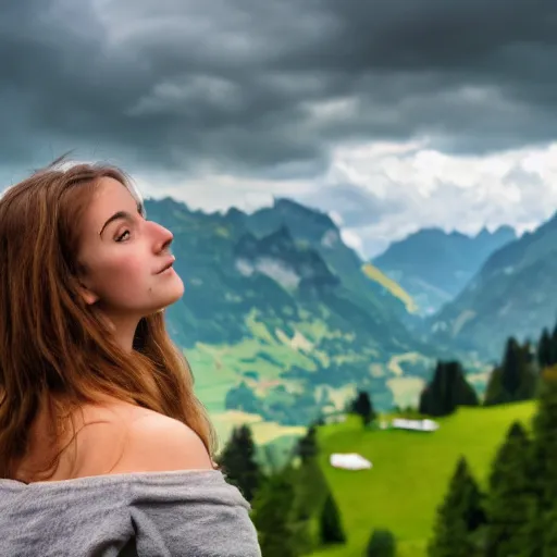 Image similar to a beautiful photograph of a girl with switzerland landscape in the background with trees, hdr, 8 k, high quality, sharp focus, artstation, highly detailed, award - winning, dramatic lighting, beautiful clouds, and nature