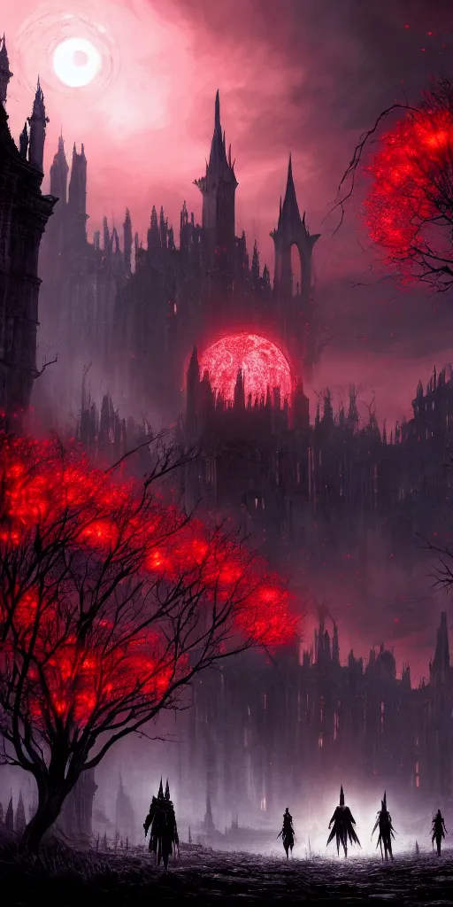 Image similar to populated bloodborne old valley with a obscure person at the centre and a ruined gothic city in the background, trees and stars in the background, falling red petals, epic red - orange moonlight, perfect lightning, wallpaper illustration by niko delort and kentaro miura, 4 k, ultra realistic