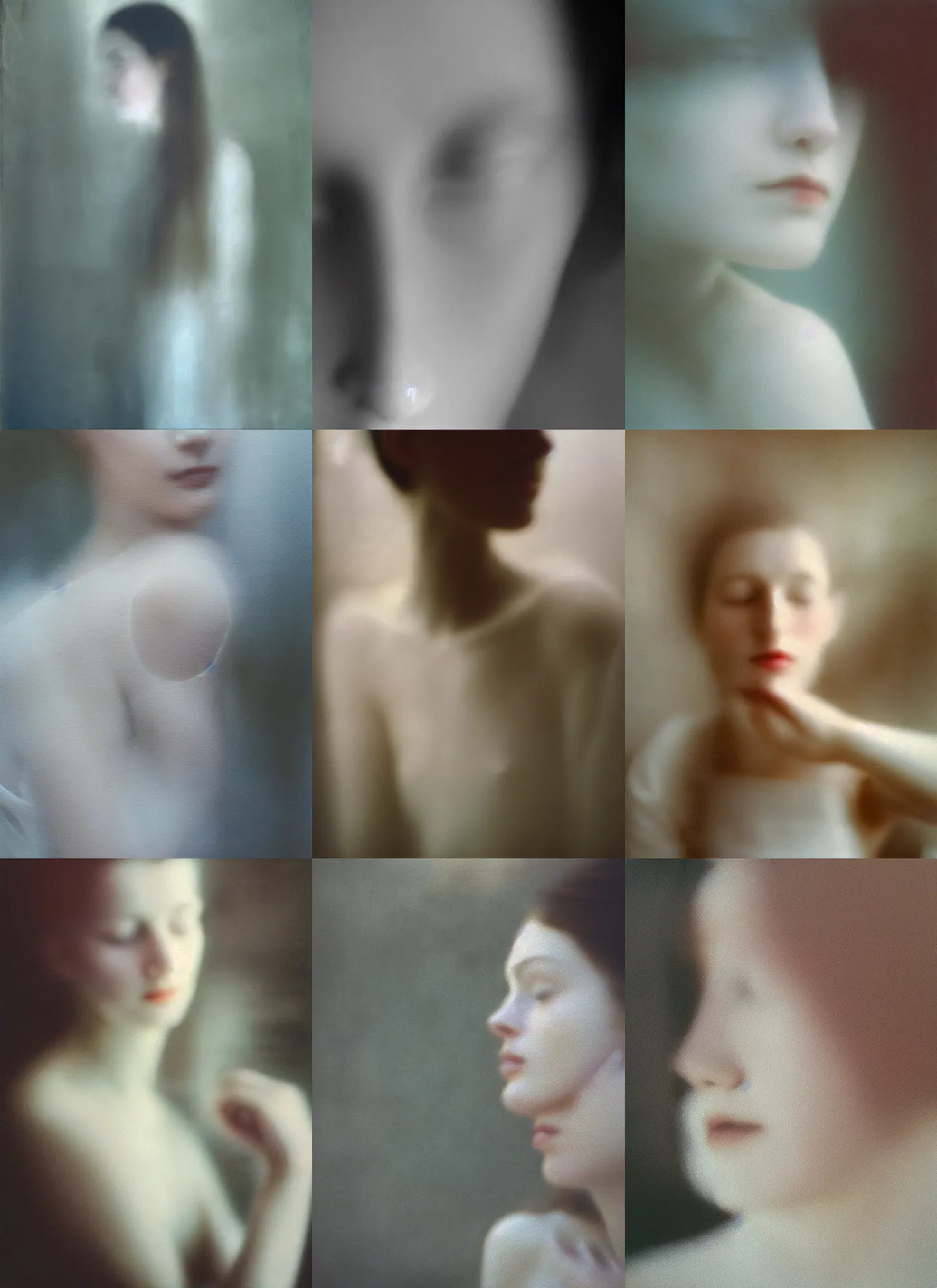 Prompt: out of focus photorealistic portrait of a beautiful aesthetic pale woman by saul leiter, very blurry, translucent white skin, closed eyes, foggy, white stripes in the foreground