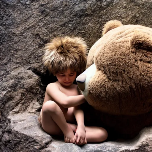 Prompt: a human child laying down with a large furry bear in a stone cave, dark background