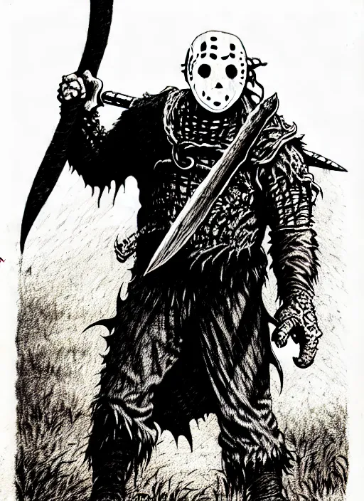 Prompt: jason voorhees as a D&D monster, full body, pen-and-ink illustration, etching, by Russ Nicholson, DAvid A Trampier, larry elmore, 1981, HQ scan, intricate details, Monster Manula, Fiend Folio