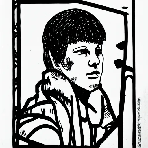 Image similar to Yung Lean, portrait, b&w, woodblock print, by Aubrey Beardsley