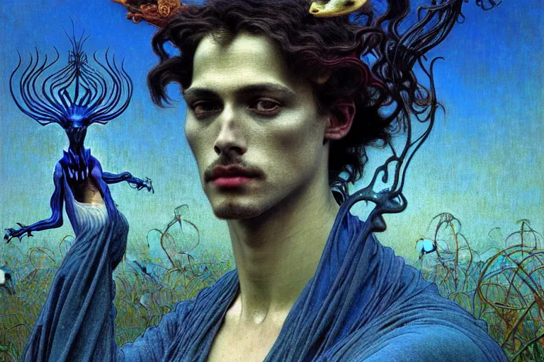 Image similar to realistic detailed portrait painting of a beautiful man with bird head, nightly graveyard landscape background by Jean Delville, Amano, Yves Tanguy, Max Ernst, Alphonse Mucha, Ernst Haeckel, Edward Robert Hughes, Roger Dean, masterpiece, cinematic composition, dramatic pose, 4k details, rich moody colours, blue eyes