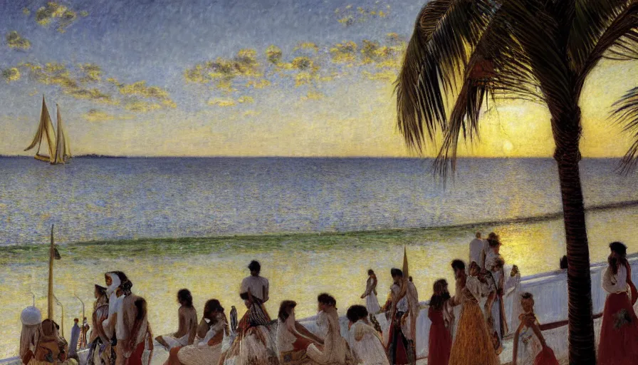 Image similar to a ultradetailed beautiful painting of the night sky of the amazonas golden white palace balustrade designed by jules bastien - lepage, tarsila do amaral, frank weston and gustave baumann, beach, trending on artstation, mediterranean, palm trees, sharp focus, sail boats, soft light, 8 k 4 k