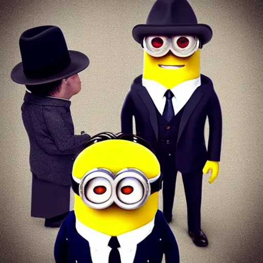 Prompt: three minions standing on top of eachother wearing a trenchcoat and a fedora, pretending to be an adult businessman