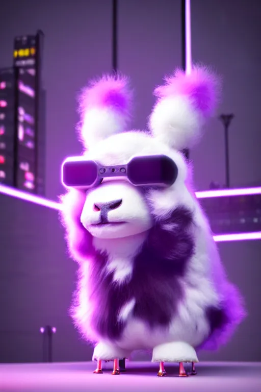 Image similar to high quality 3 d render sci - fi very cute cyberpunk fluffy! cow hybrid!, highly detailed, unreal engine cinematic smooth, in the style of blade runner & detective pikachu, hannah yata charlie immer, purple light, low angle, uhd 8 k, sharp focus