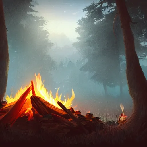 Image similar to campfire in the night, without people, stylized, artgerm, artstation, hd, cgsociety, cgi, realistic, dramatic, cinematic, artistic, trending, detailed