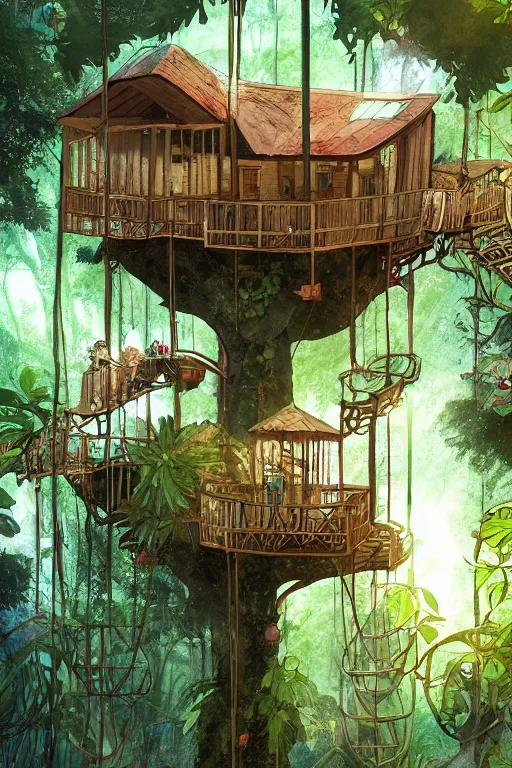 Image similar to tree house in the rainforest, swings, garden, by alba ballesta gonzalez. 4 k wallpaper, digital flat 2 d, comic book cover, illustration, cinematic lighting.