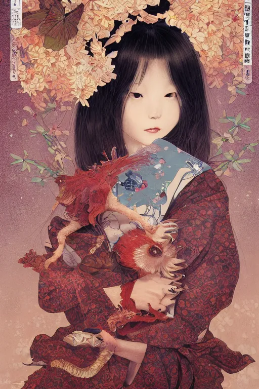 Image similar to a cover of japanese art portrait of a cute girl magazine about animal creatures bio by illustrated by miyazaki by karol bak, james jean, tom bagshaw, rococo, sharp focus, trending on artstation, cinematic lighting, hyper realism, octane render, 8 k, hyper detailed, vivid, ultra detailed, highly detailed
