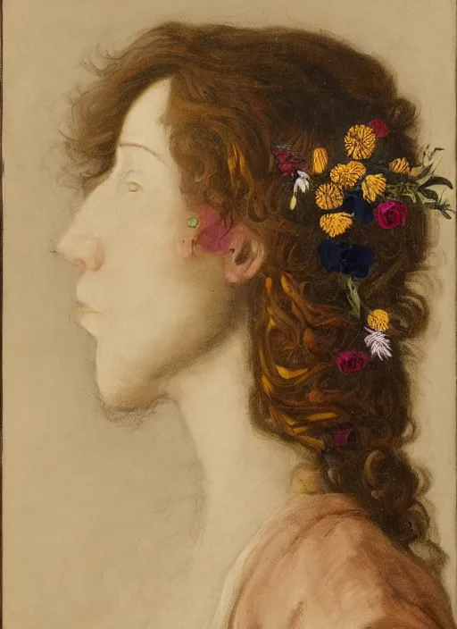 Prompt: a woman's face in profile, with long hair made of still life flowers and fruit, in the style of the dutch masters, dark and moody