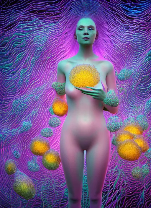 Prompt: hyper detailed 3d render like a digital Oil painting - Aurora (Singer) seen Eating of the Strangling network of slightly yellow and light blue and milky Fruit and Her delicate Hands hold of gossamer polyp blossoms bring iridescent fungal flowers whose spores black out the foolish stars by Jacek Yerka, Mariusz Lewandowski, Houdini algorithmic generative render, Abstract brush strokes, Masterpiece, Edward Hopper and James Gilleard, Zdzislaw Beksinski, Mark Ryden, Wolfgang Lettl, hints of Yayoi Kasuma, octane render, 8k