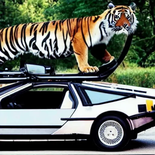 Image similar to a tiger inside of a delorean,