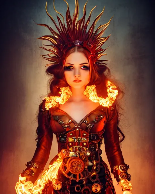 Image similar to a beautiful image of a young woman, steampunk Chandra queen of fire, big googles over her head, long flowing hair glowing with fire, steampunk costume mostly red and gold young female face, cinematic top lighting, insanely detailed and intricate, face by wlop, Charlie Bowater, golden ratio, symmetric, elegant, ornate, luxury, elite, matte painting, cinematic, trending on artstation, deviantart and cgsociety, 8k, high resolution