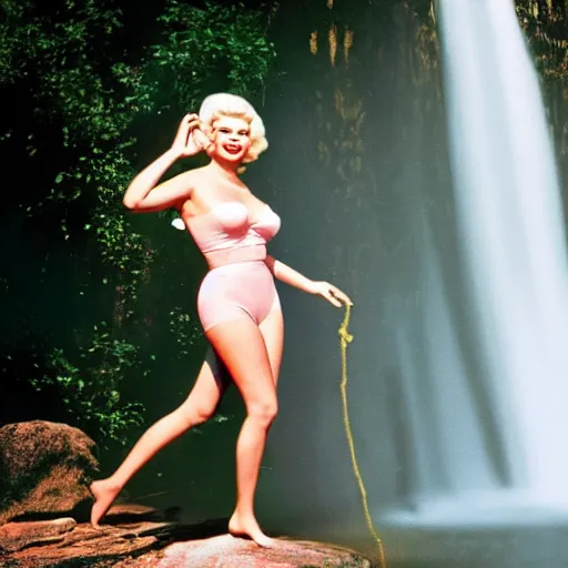 Image similar to a very beautiful sundance award winning image of jayne mansfield under a tropical waterfall, full body, pale pink bikini, pink lipstick, detailed face, cinematic lightning, golden hour, medium shot, alexa mini, cryengine, raytracing, 4 k, cinematic wallpaper by gil elvgren, robert maguire, rudolf belarski