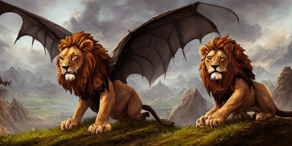 Prompt: Lion with bat wings on top of a mountain, art by Tony Sart, hearthstone art style, epic fantasy style art, fantasy epic digital art, epic fantasy card game art