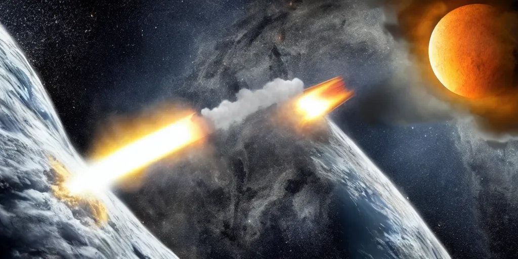 Image similar to a powerful missile launched from earth towards a huge asteroid just seconds before destroying earth, 4k, high detail