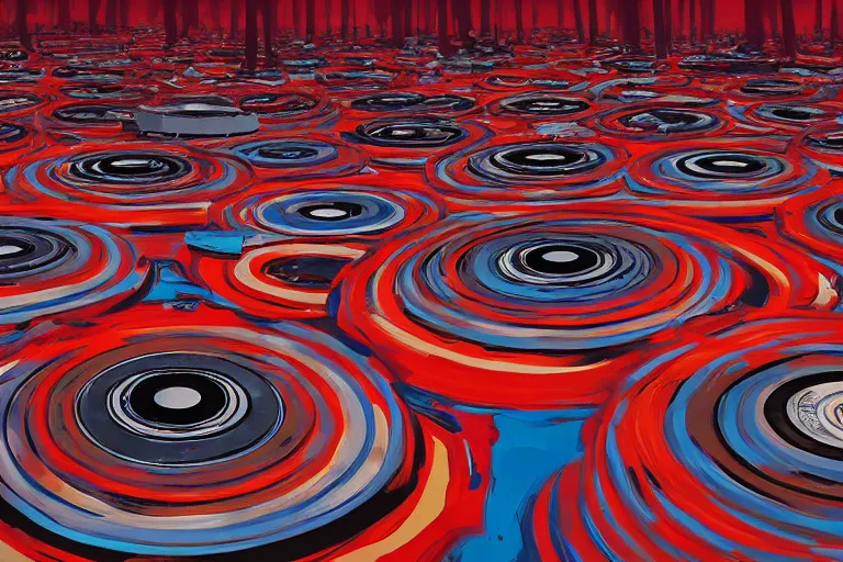 Image similar to an expressive painting of a floor of vinyl records, dark background, red rim light, digital art, artstation, concept art by giger stalenhag