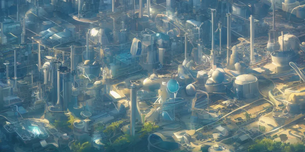 Prompt: aerial view of a renewable futuristic powerplant, mattepainting concept Blizzard pixar maya engine on stylized background splash comics global illumination lighting artstation lois van baarle, ilya kuvshinov, rossdraws