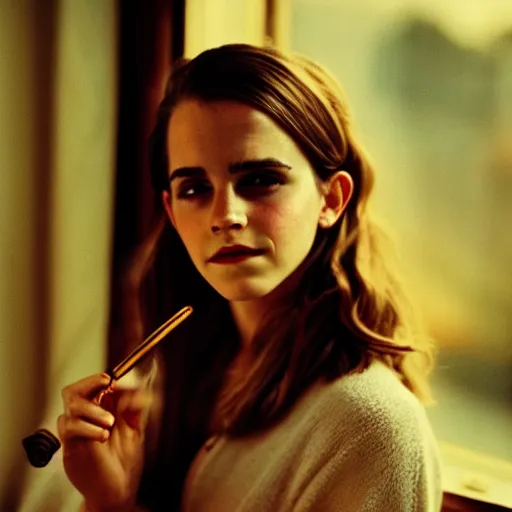 Image similar to Photograph of Emma Watson holding a tobacco pipe by the window. Golden hour, dramatic lighting. Medium shot. CineStill